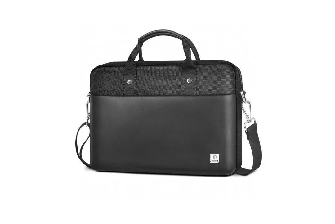 Black Oxford cloth laptop backpack showing multiple organisation pockets and a separate padded computer compartment.
