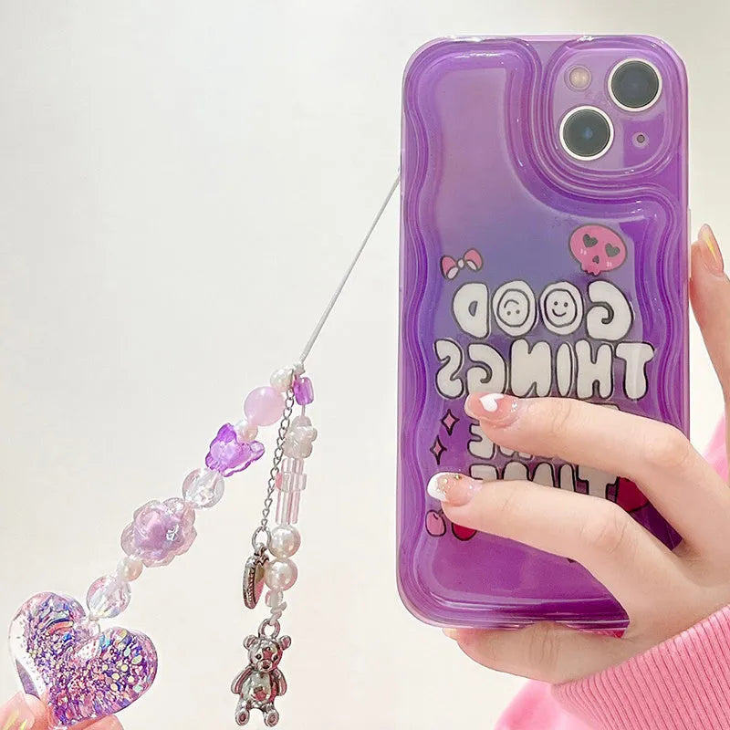 Purple graffiti English love chain phone case for iPhone 14 with love pendant on white background