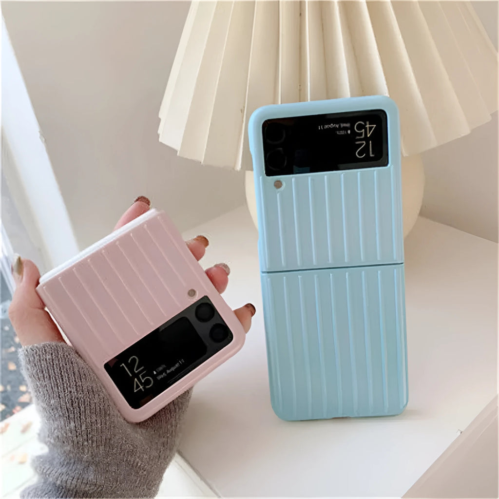 Samsung Z Flip3 flip case in PC material showing colour options: black, red, pink, silver, gold, blue, green.