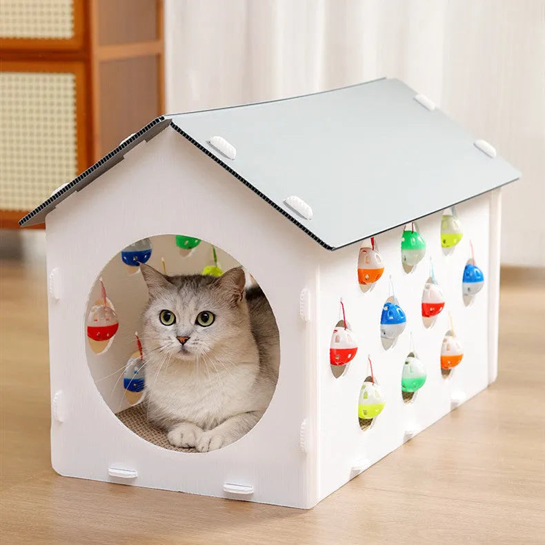 Integrated plastic cat scratch board toy with bell ball, tunnel, and sleeping nest for indoor cats