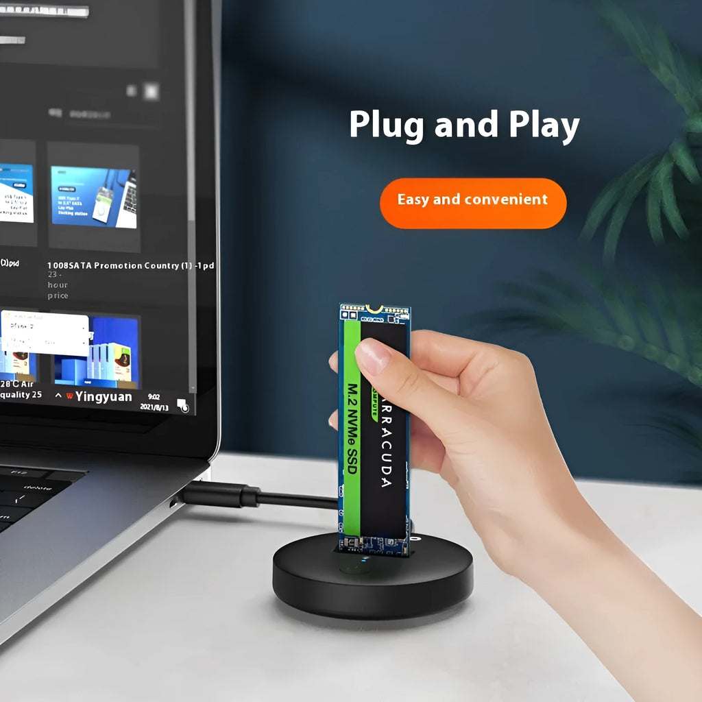 Black external hard disk enclosure for NVMe M.2 SSD with Type-C port