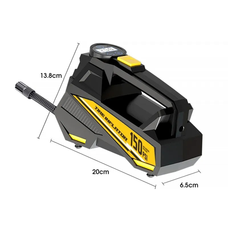 Black portable electric tyre inflator with digital display and LED light