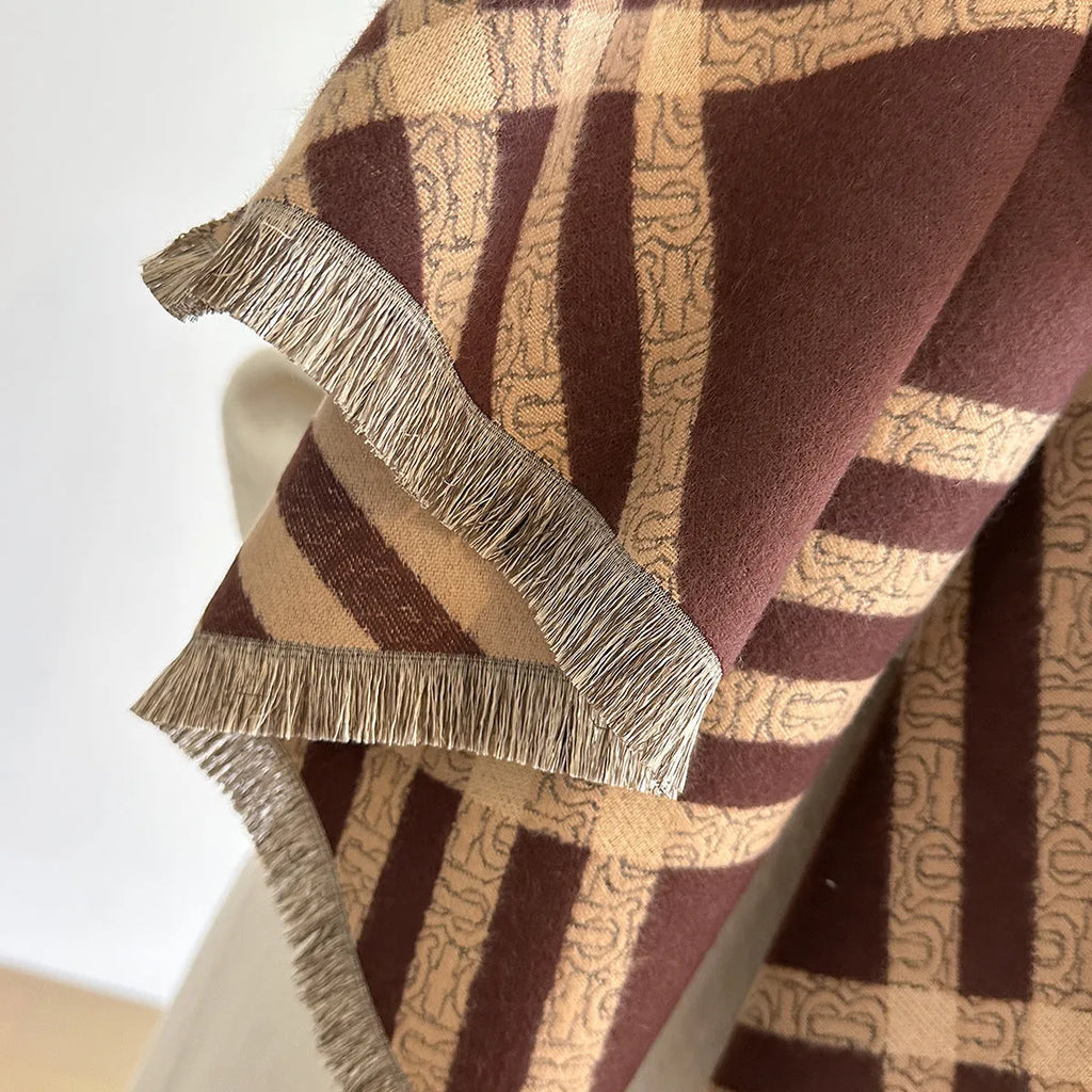 Qianjin imitation cashmere scarf 185x65cm with tassels in brown, black, black camel, and khaki colours