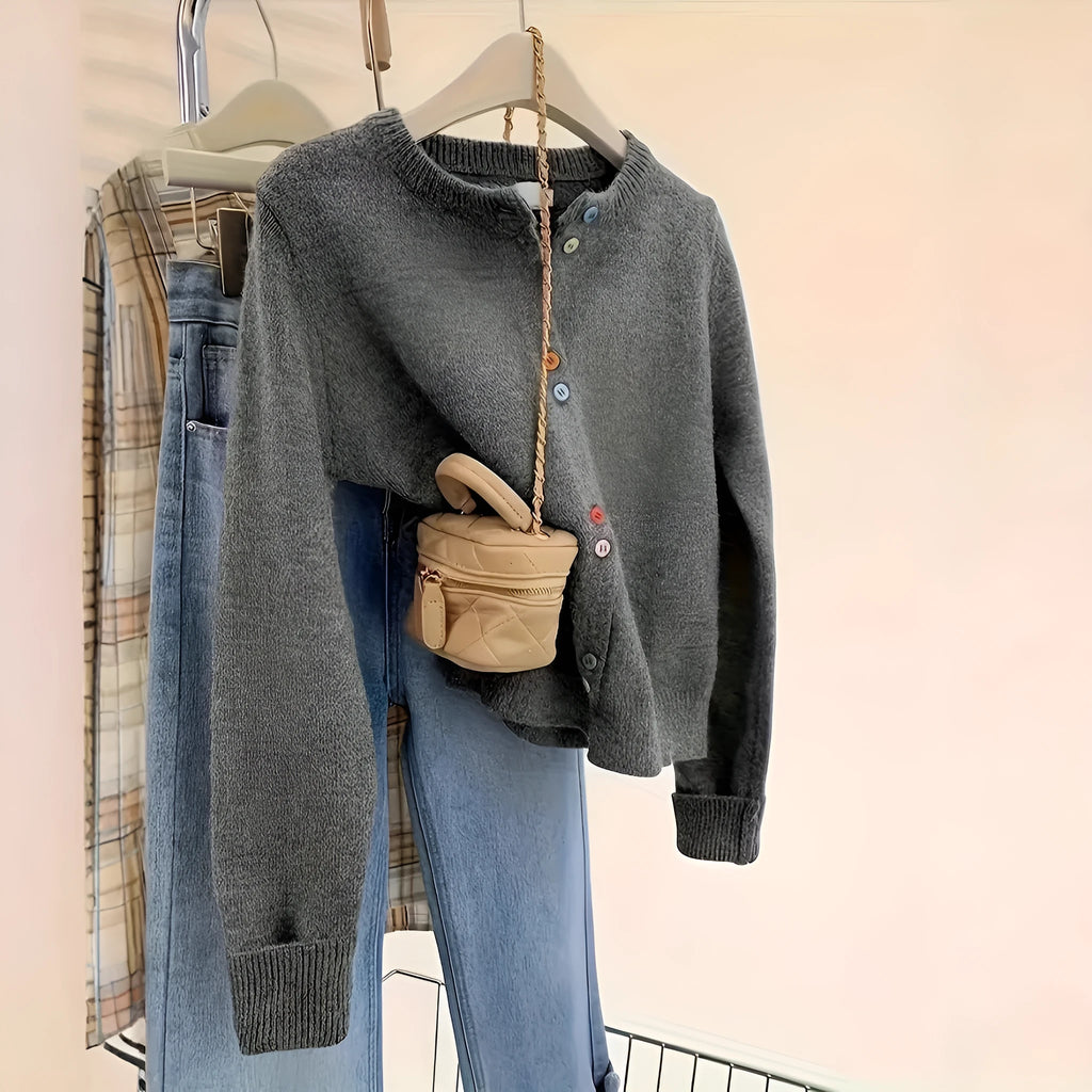 Dark grey women's button-front cardigan sweater with long sleeves for office wear