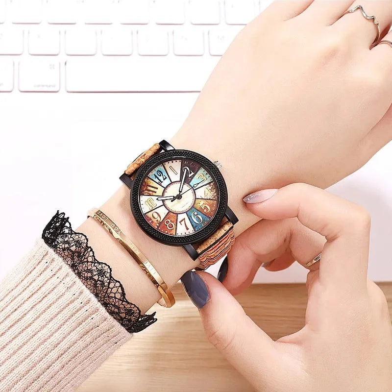 Casual vintage leather women's quartz wrist watch with 37mm round dial and stainless steel buckle