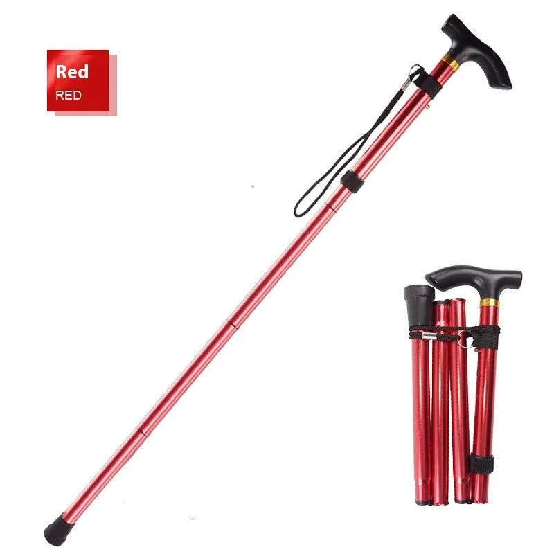 Adjustable aluminium folding walking cane in silver with non-slip rubber foot extended to full height