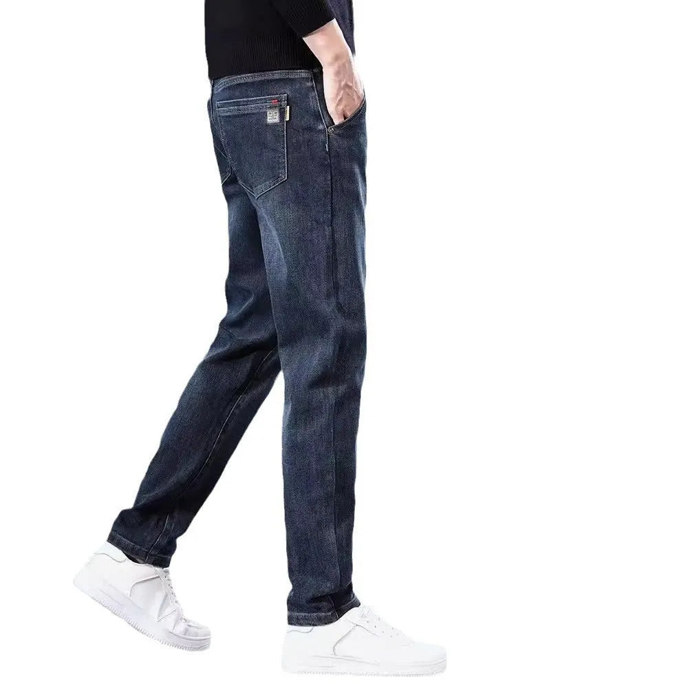 Slim straight casual trousers in blue grey colour with micro-elastic fabric and mid-waist design