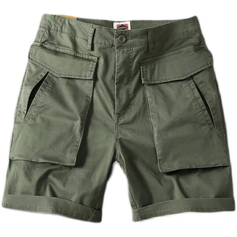 Men's straight leg cotton cargo shorts in khaki with multiple pockets and elastic waistband.