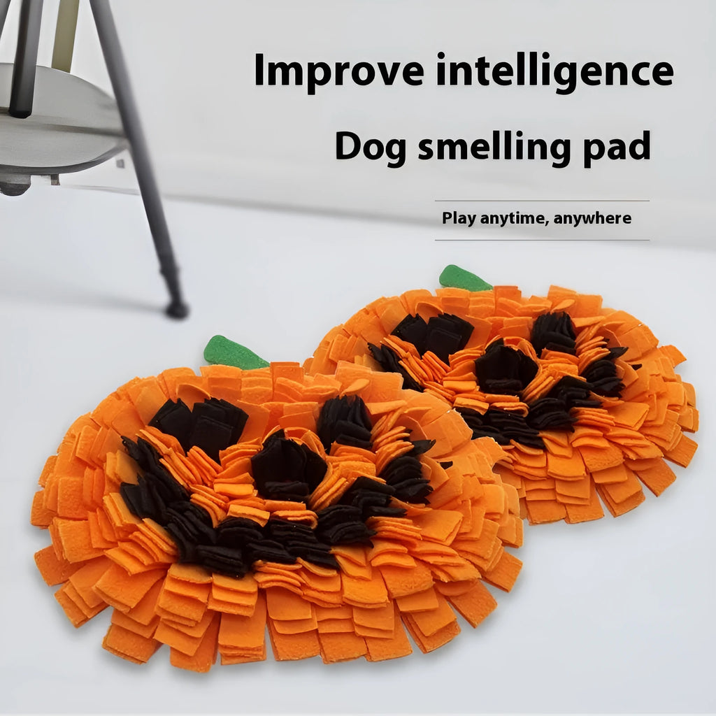Orange pumpkin-shaped pet smell mat with textured polar fleece surface for slow feeding