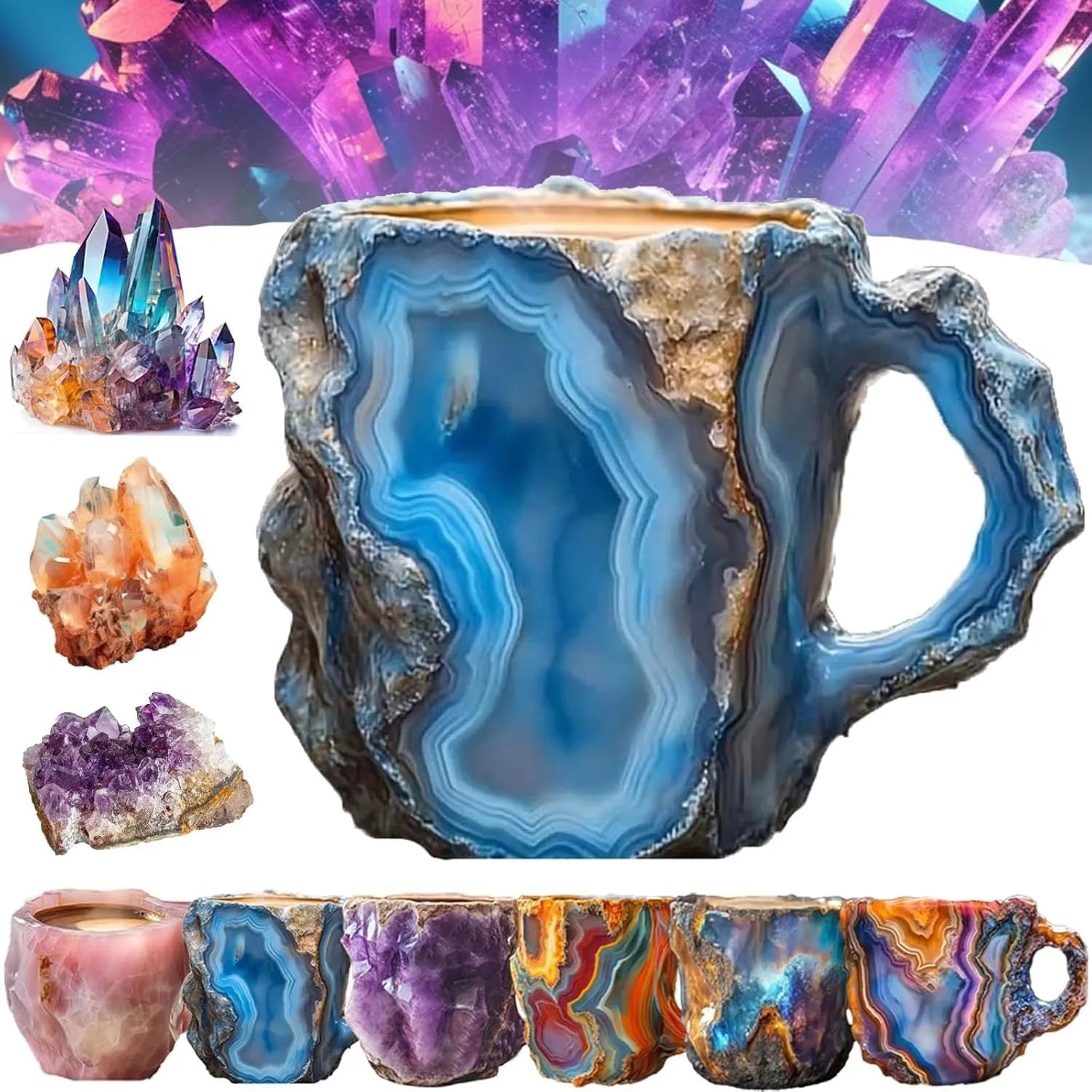 400ml resin coffee mug with handle in a choice of colours including blue, purple, and rock pattern.
