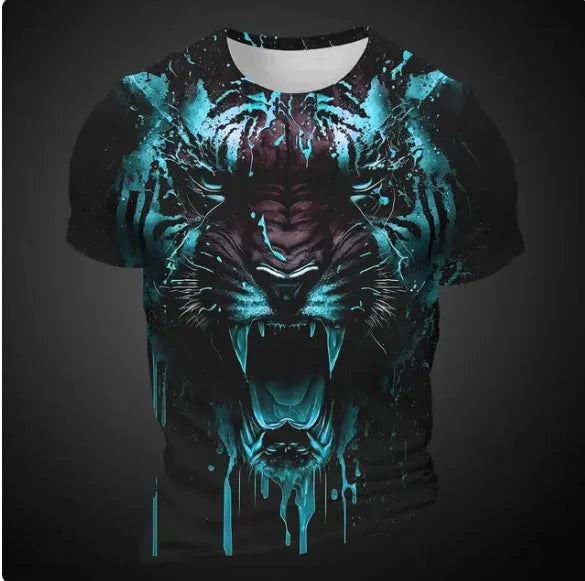 Men's 3D tiger pattern short sleeve T-shirt on thin bird eye cloth polyester fabric