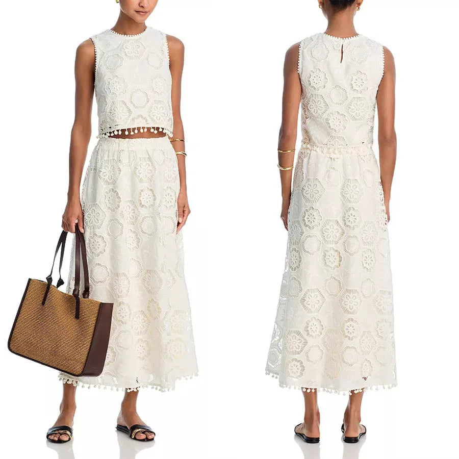 White women's sleeveless top and long skirt suit with retro embroidery decoration