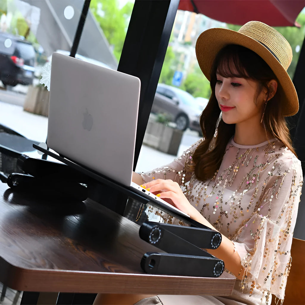 Black folding metal laptop desk with cooling fan, extended to 480mm length with attached mouse board.