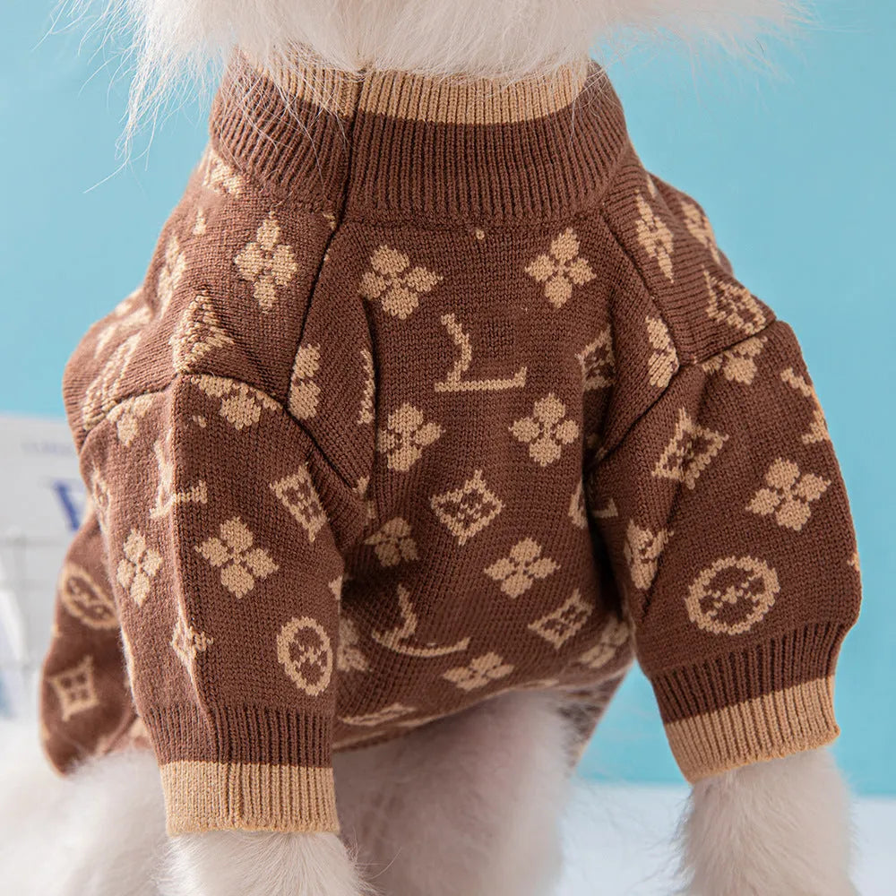 Wool knitted dog sweater in a two-tone colour on a small dog.