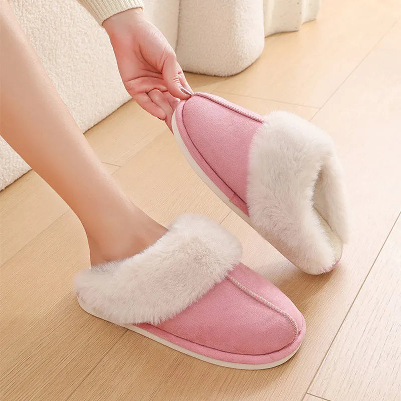 Women's plush winter slippers with artificial wool lining and anti-slip PVC soles in multiple colours
