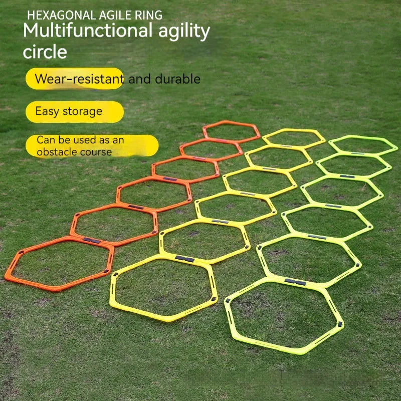 Set of six yellow, green, and orange foldable hexagonal football agility training rings laid flat.