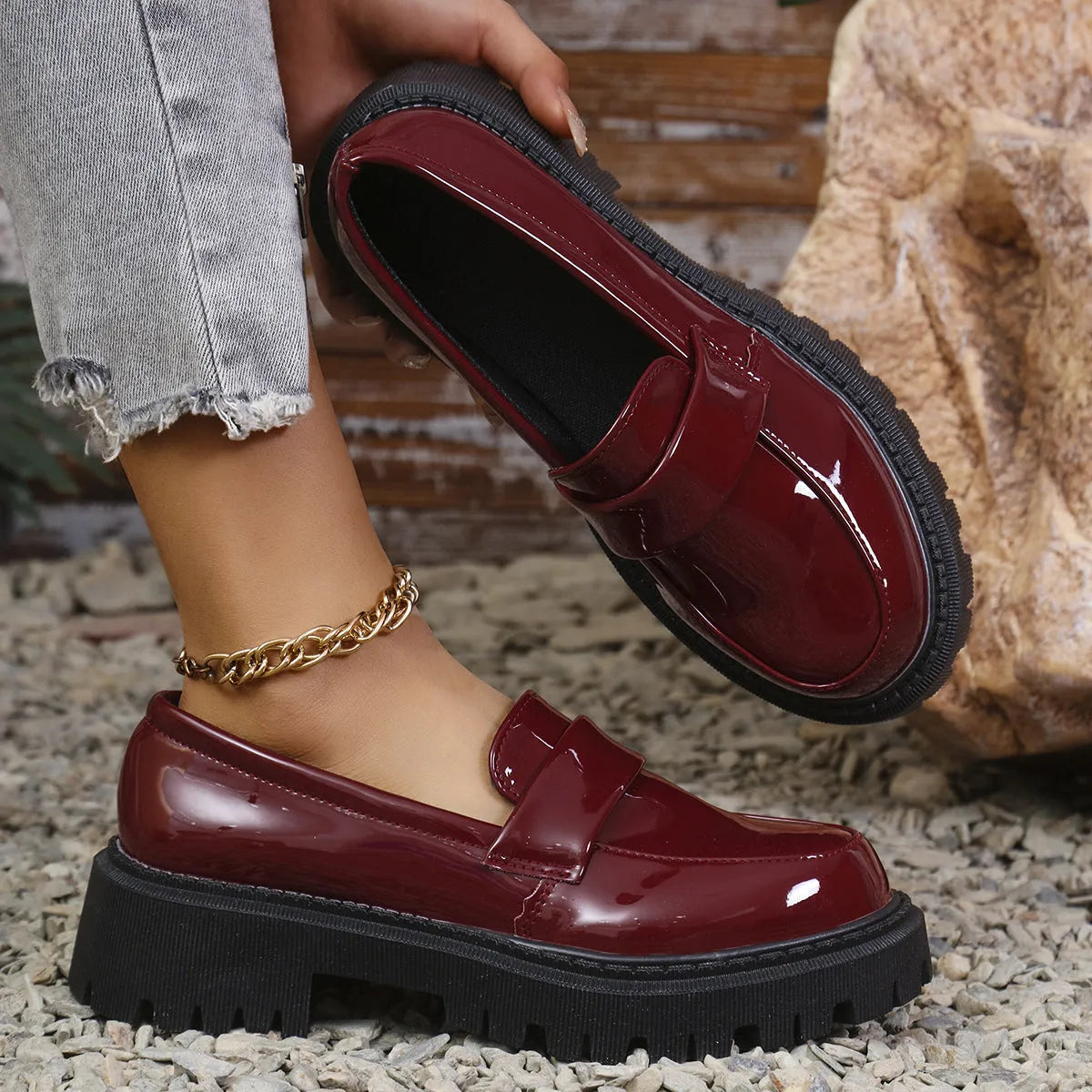 Plus size chunky heel loafers in black, wine red and green colours showing platform sole