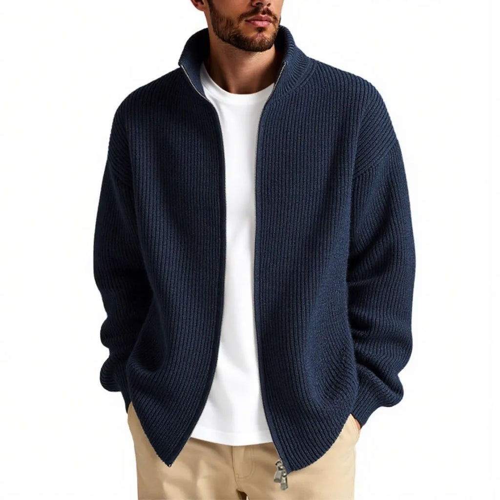 Men's loose fit cardigan sweater coat in grey green on a hanger