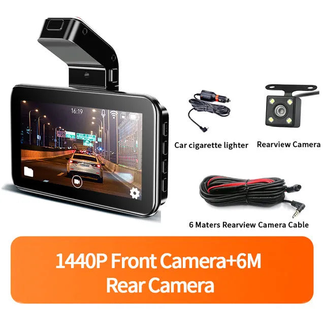 Black 3-inch screen car dash cam with dual lenses for front and rear recording on a car windscreen.