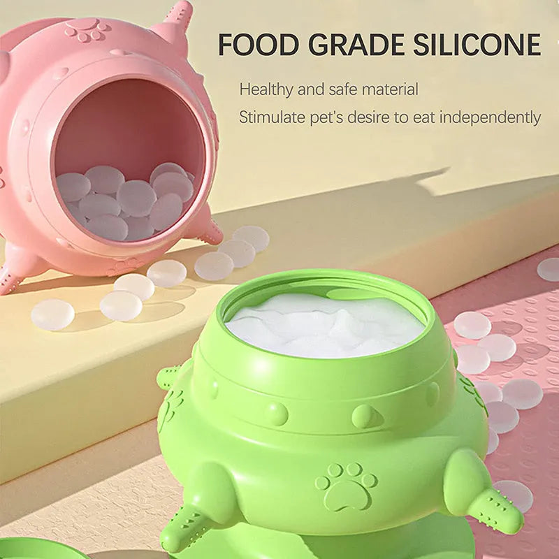 Pink silicone pet nursing feeder with milk bowl and pacifiers for puppy and kitten milk feeding