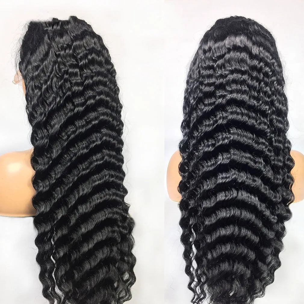 Deep wave human hair lace frontal wig in black, machine made, 14 inches long, with straight bangs