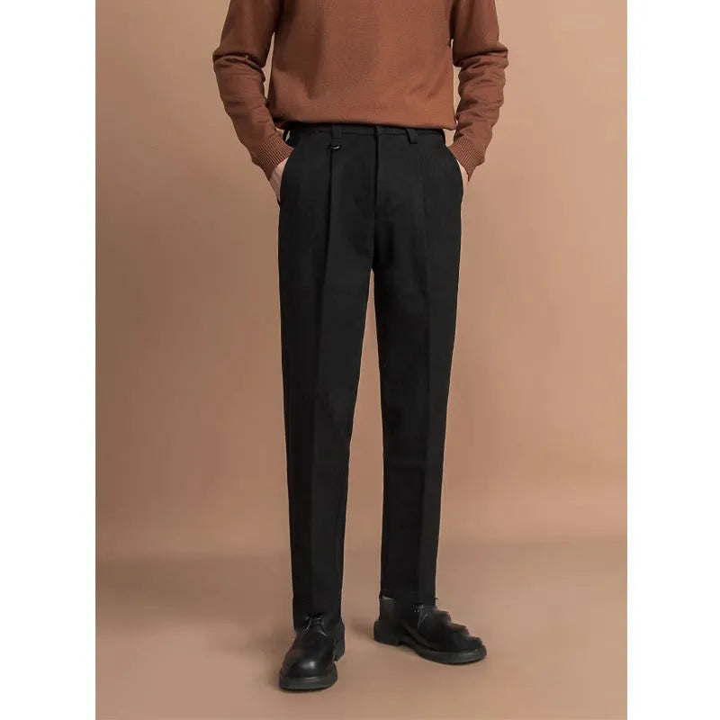 Men's straight leg polyester trousers in black, brown, dark grey and khaki colours