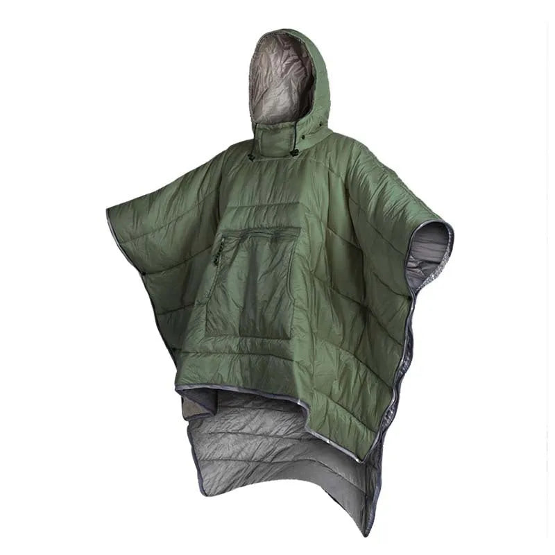 Outdoor cloak sleeping bag shown as wearable cape and flat 200x140cm blanket in army green