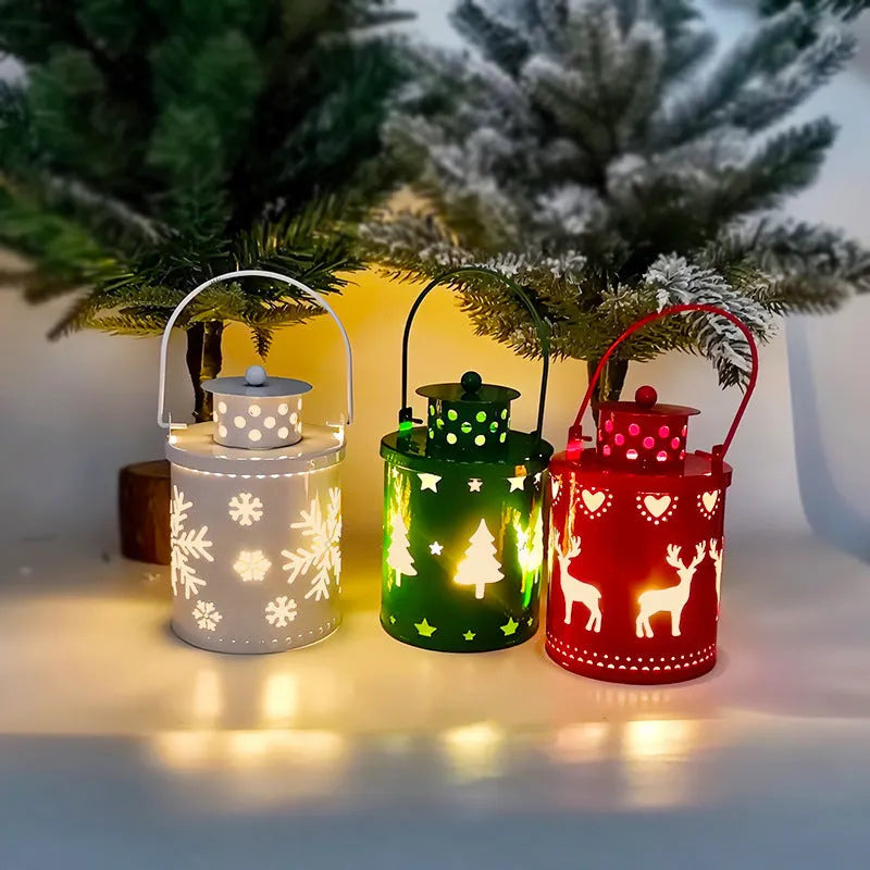Wrought iron LED candle lantern with flickering light, available in green, white, and red, on a wooden shelf