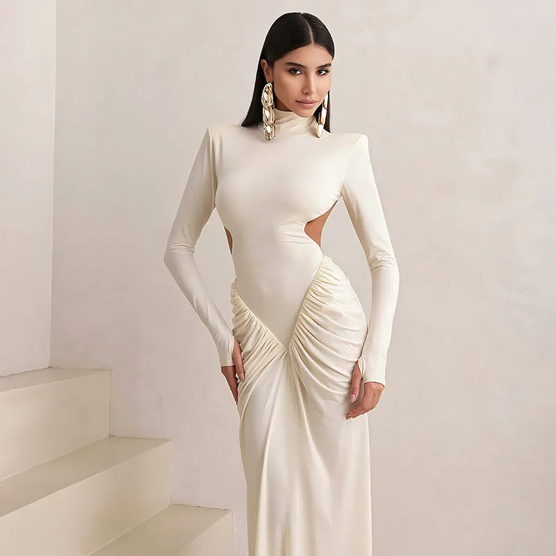 Women's slim fit high collar backless dress with long sleeves and pleated detail