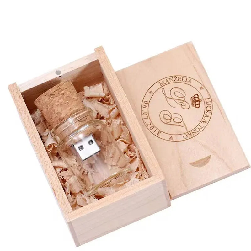 Wooden wish bottle USB flash drive with transparent design measuring 60mm by 28mm