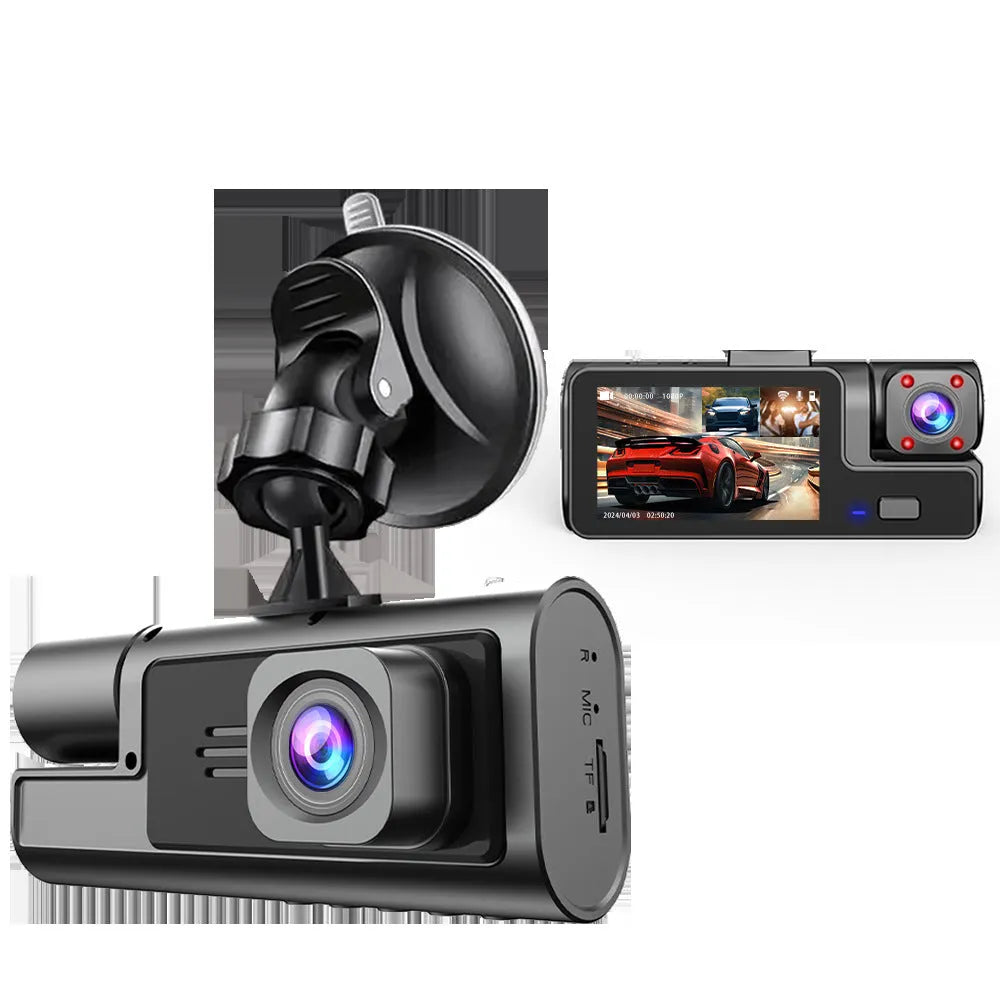 WiFi-enabled car dash cam with 2-inch screen for front and rear vehicle recording and parking aid display