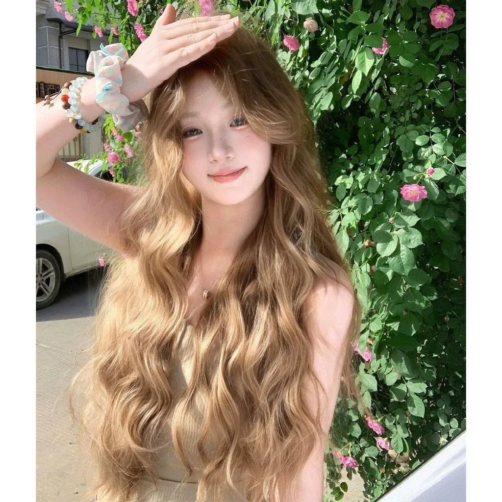Linen brown medium long curly high temperature fibre wig with hair net on display