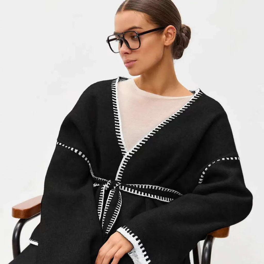 Lace-up front knitted cardigan sweater coat in imitation cashmere cotton fabric