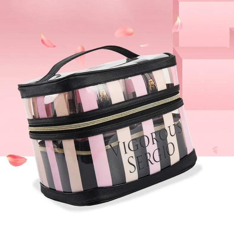 Pink floral pattern makeup bag with waterproof synthetic leather exterior and folding buggy design