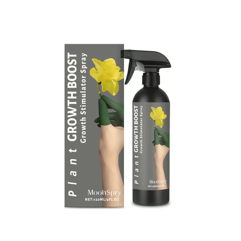 Plant Growth Boost 120ml plant nutrition spray bottle with ingredients listed: water, glycerin, urea, 1,2-hexanediol, potassium chloride