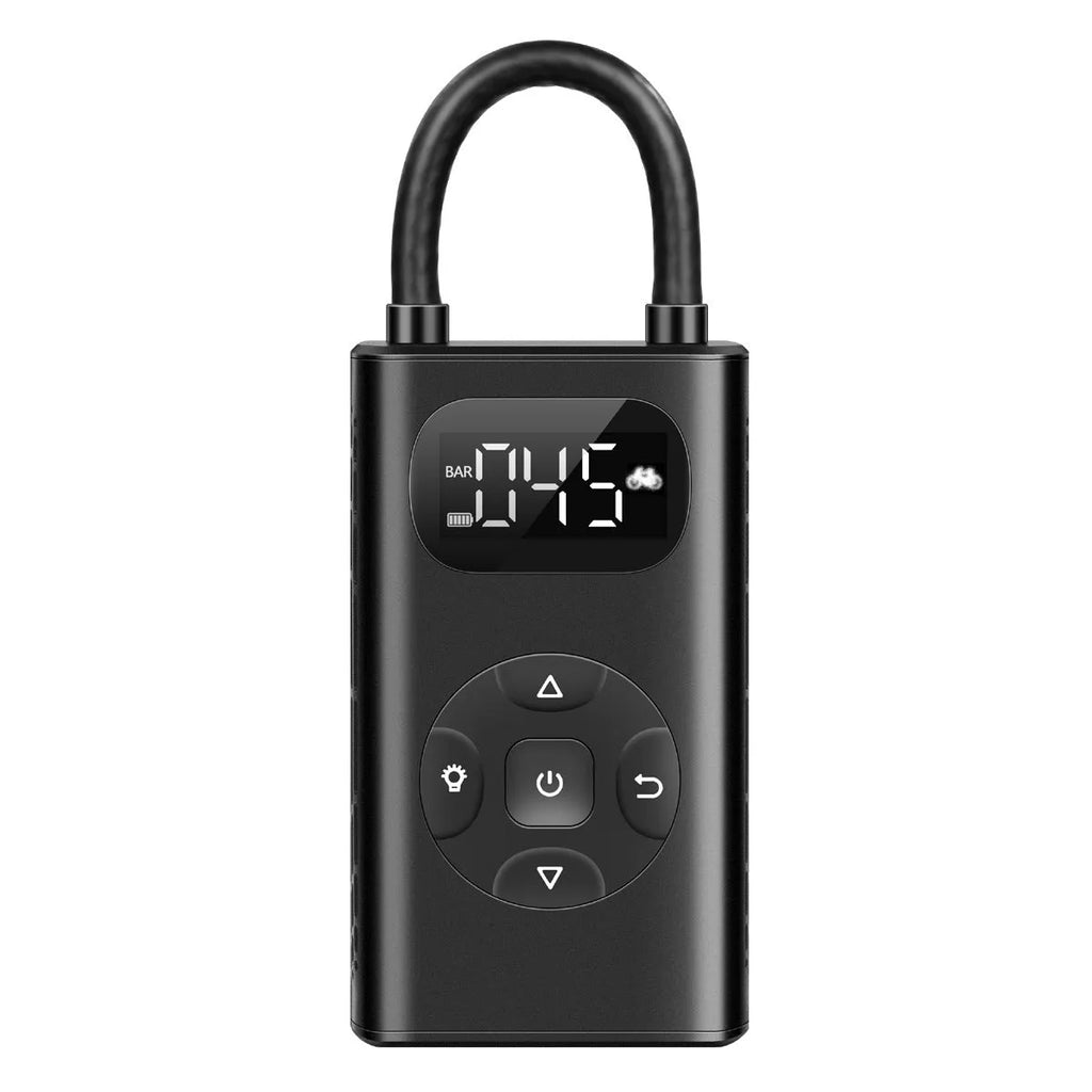 Black portable power bank tyre inflator with digital display and 16cm hose for car motorcycle bicycle