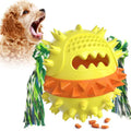 Blue and red squeaky dog toy with treat dispenser hole for aggressive chewers.