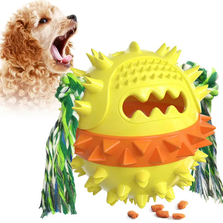 Blue and red squeaky dog toy with treat dispenser hole for aggressive chewers.
