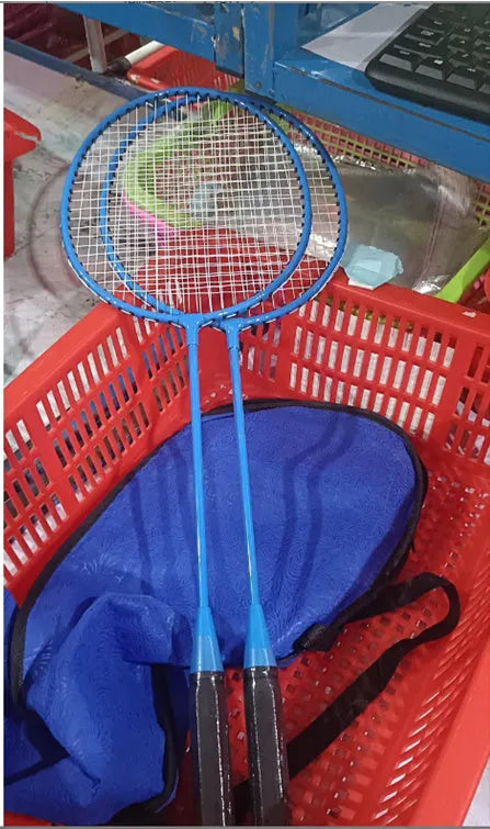 Blue and red alloy ultra-light split badminton rackets shown as a complete set of two