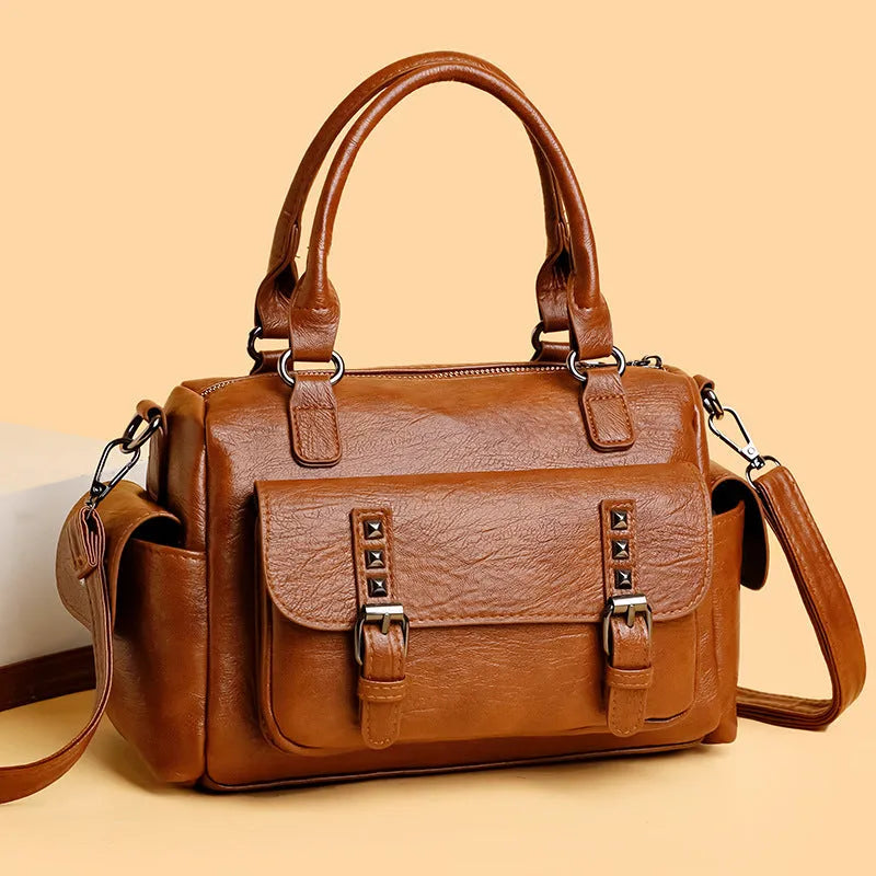 Large vintage-style PU leather messenger bag in a horizontal square shape with contrast stitching.