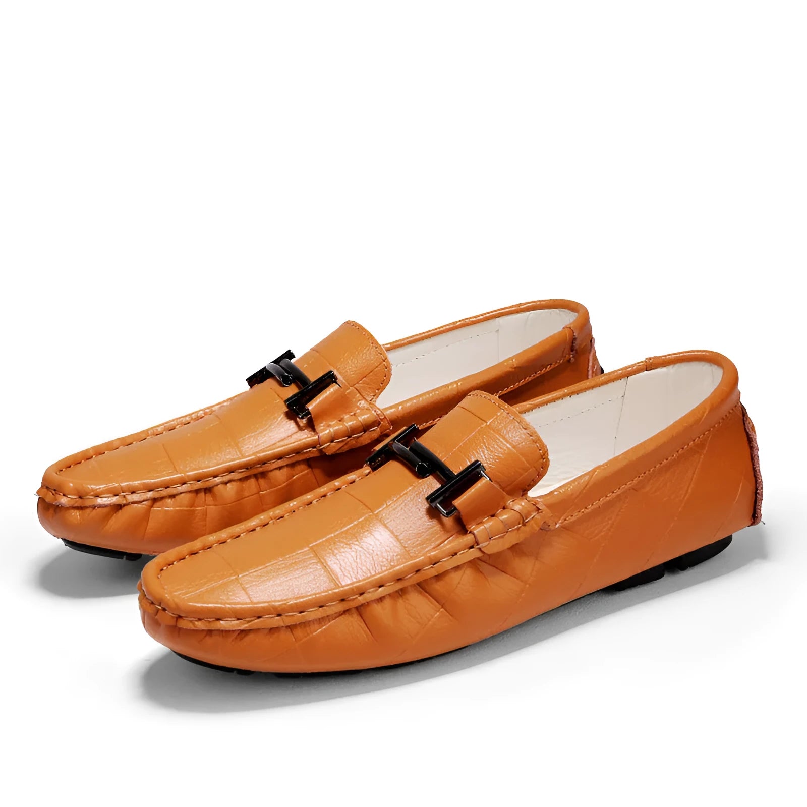 Men's casual leather shoes with elastic buckle in black, blue, bronze or white colours