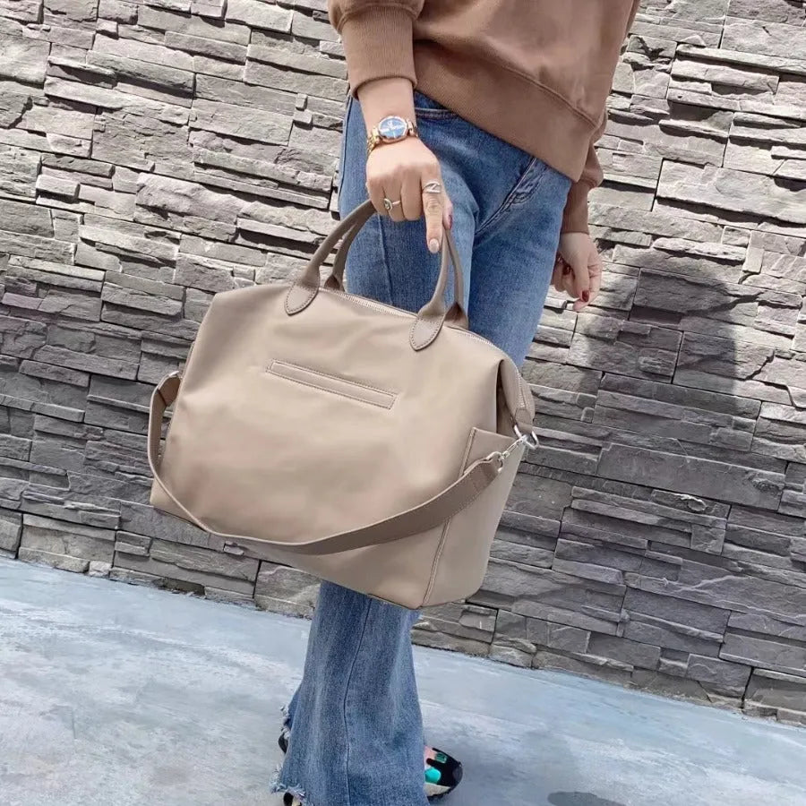Nylon waterproof cloth shoulder bag in black with leather trim, large 35x14x27cm capacity