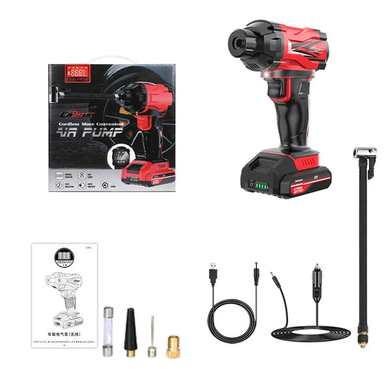 Red and black portable wireless car tyre air pump with power cable and nozzle attachments on a table.