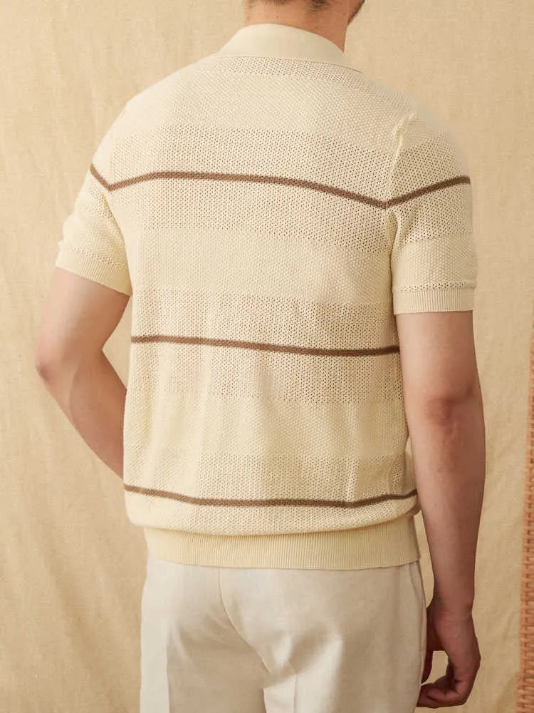 Cotton linen short sleeve knitted cardigan in camel with open front and lapel collar on a male model