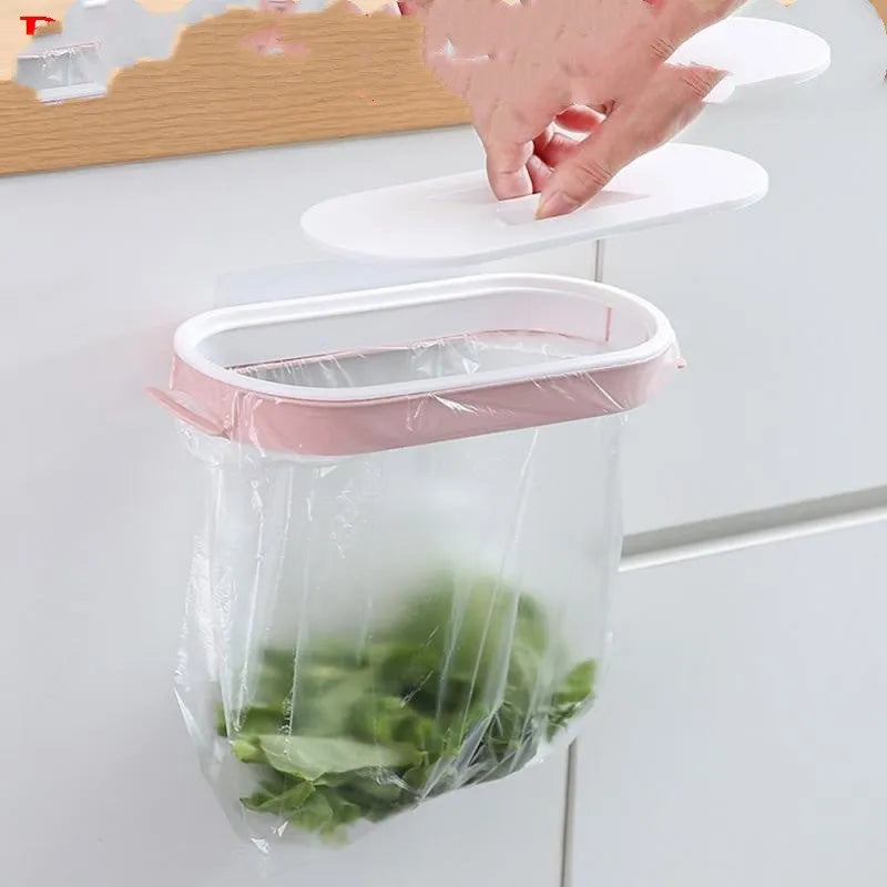 Blue plastic kitchen bin bag storage rack mounted under sink with removable shelf