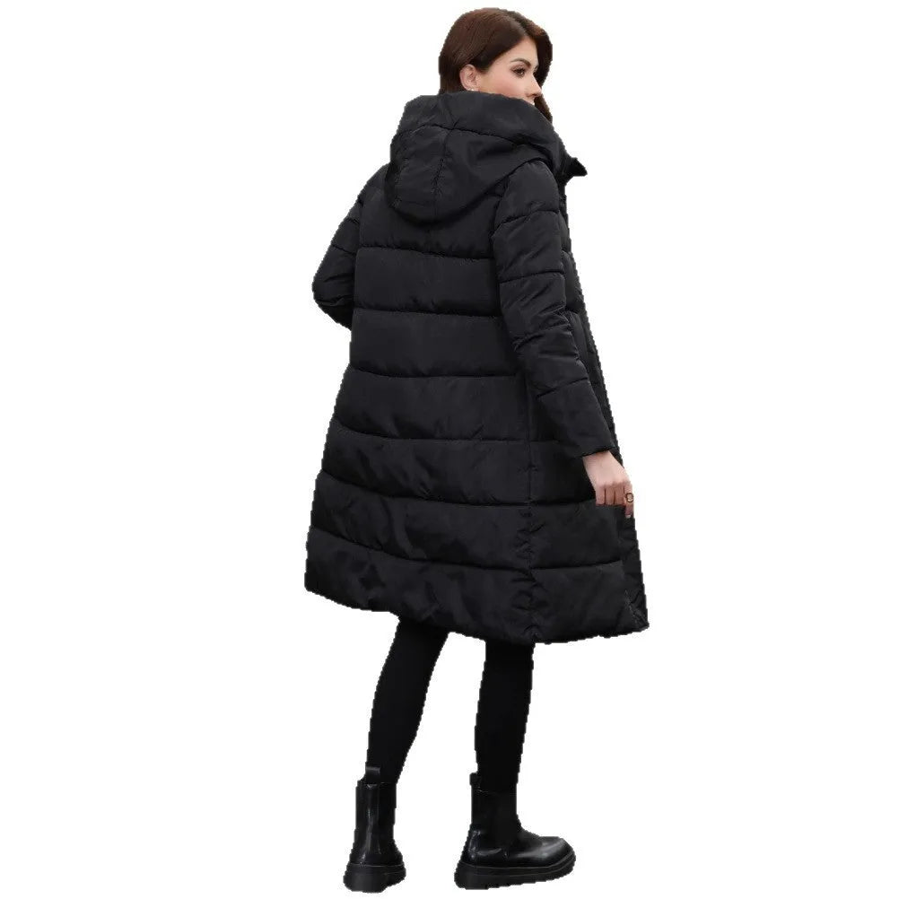 Black slim-fit men's hooded cotton jacket for cold weather, shown on a model.