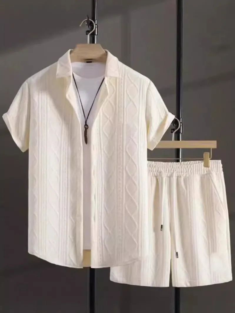 Men's jacquard short sleeve shirt and matching shorts suit set in beige, black, grey, or white