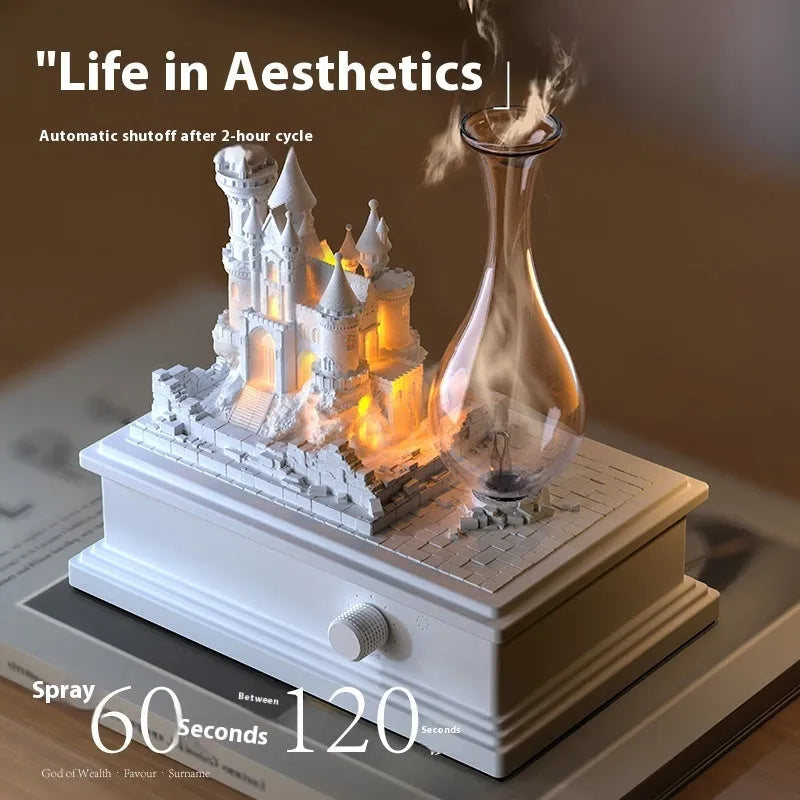 White medieval castle waterless aromatherapy machine with ambient lighting and USB charging