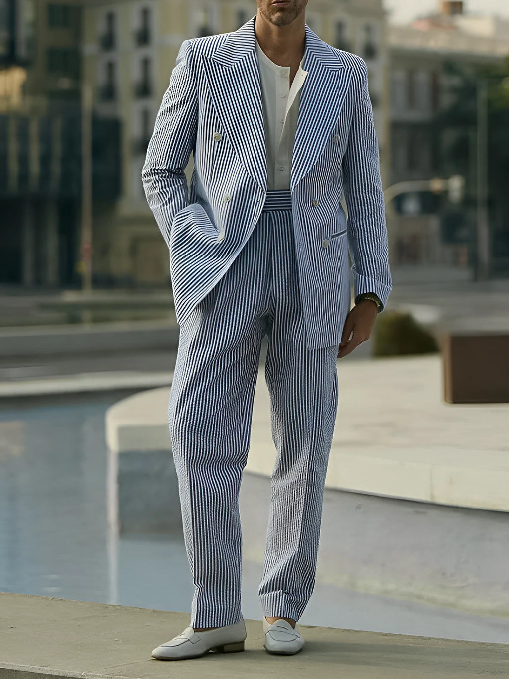 Women's blue and white striped polyester suit set with long-line blazer and matching trousers