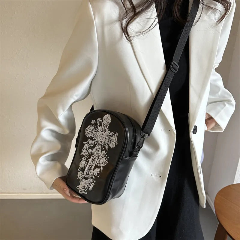 Halloween graffiti crossbody bag with pumpkin ghost bat cartoon prints in medium 14x23x9.5cm size